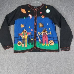 ARRIVISTE WOMENS BLACK VTG 90S FALL HALLOWEEN SCARECROW EMBROIDERED CARDIGAN M
